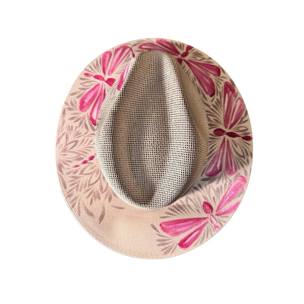 Mexican Artisanal Hand Painted Fedora Hat Pink Dragonfly-Beige M - Picture 15 of 16